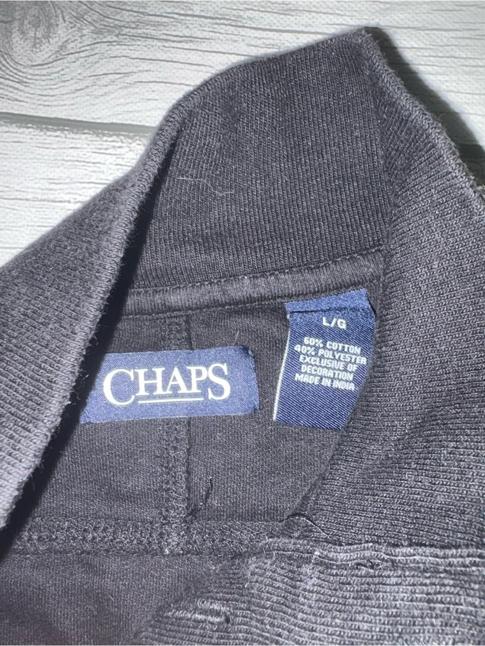 Chaps Black Crewneck Sweater with Cream and Red Stripes